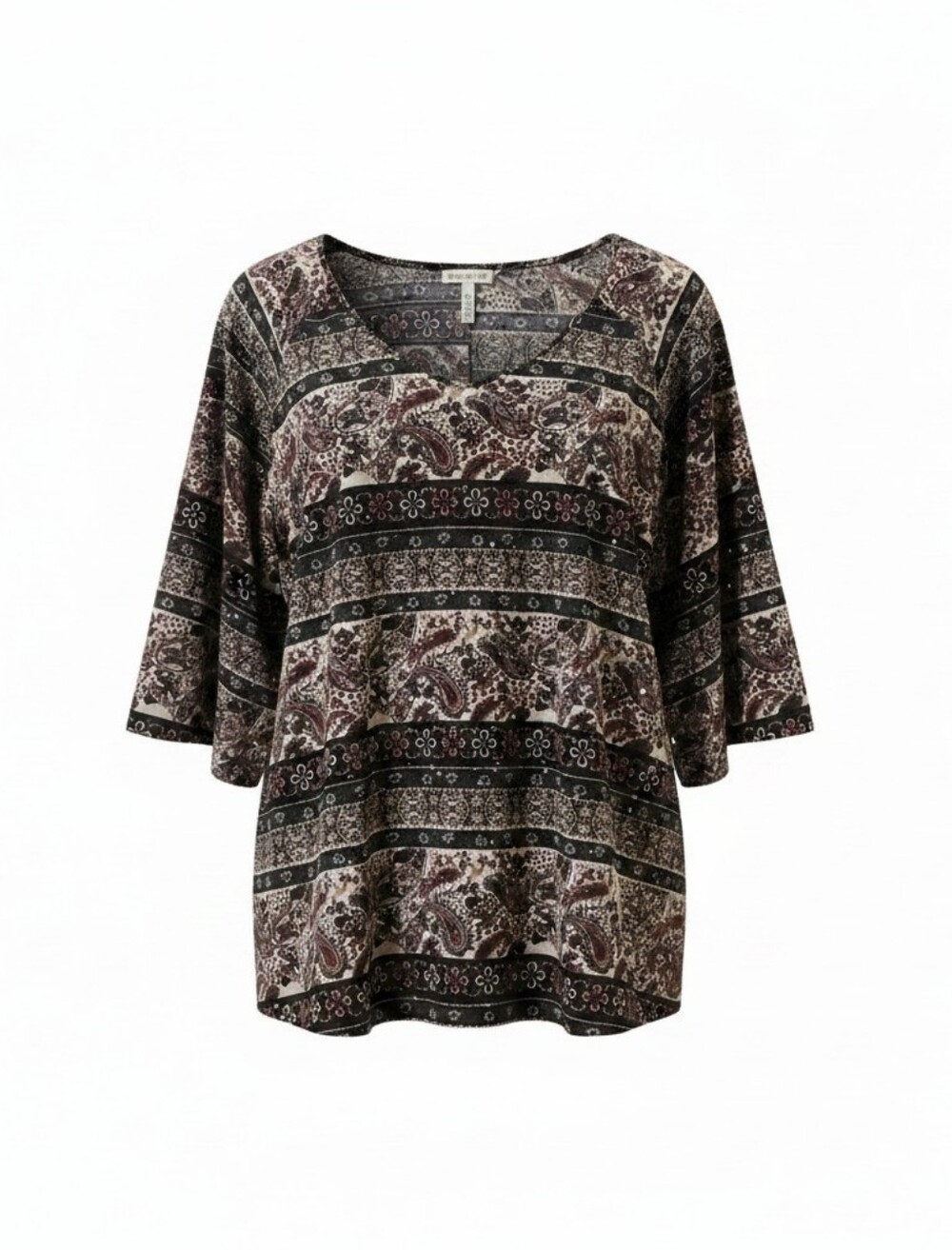 Women's Boho Brittany Black,   Black & White Paisley Tunic Top  Rhinestone  3XL